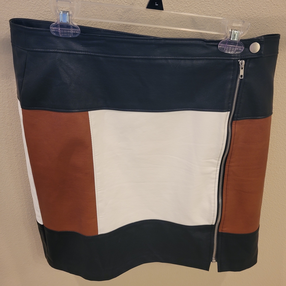 Inc International Concepts White Brown Colorblocked Faux-Leather Skirt